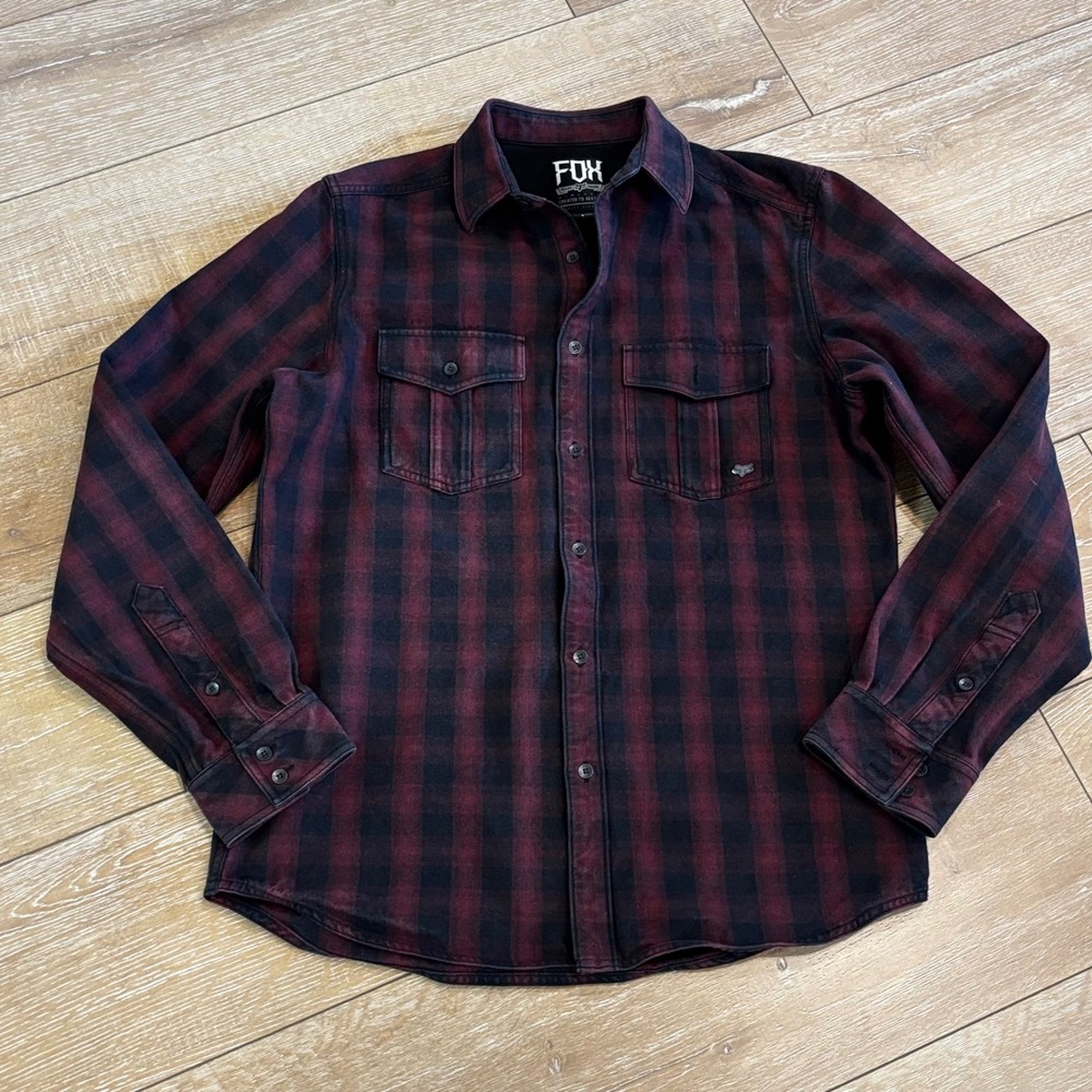 Fox Racing Mens Large Red Black Buffalo Plaid Flannel Button Down Shirt Cotton